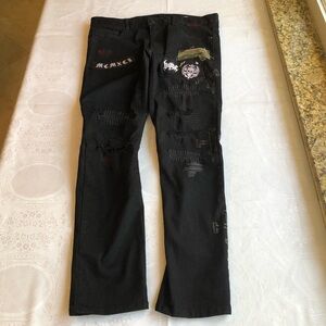 Smoke Rise DNM Vaqueros Skull Black Denim Jeans Pants Men’s Size 38/32 Distress
